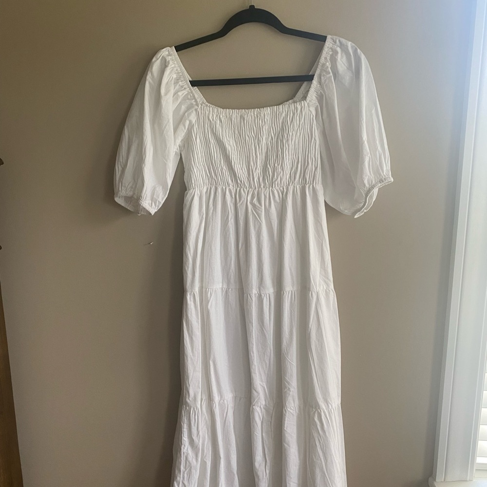 white ruffle midi dress